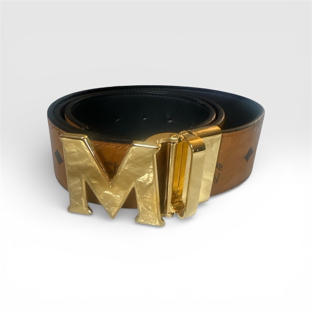 Authentic MCM Cognac Monogram / Black Reversible Men Adjustable Leather Belt - Picture 2 of 4